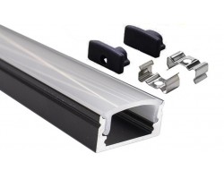 Perfil Aluminio Superficie Negro ECO 17x7mm. para tiras LED, barra de 2 Metros -completo- (a 4,20€/m)